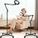 KIRKAS 12X Large Floor Magnifying Glass with Light and Stand, Infinite Color Dimmable 2 in 1 Lighted Magnifier lamp for Close Work, Reading,Craft,Sewing,Hobby, 4 Wheel Rolling Stable Base Esthetician (Black)