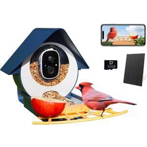 Smart Bird Feeder with Camera, AI Identify Bird Feeder Camera with Solar Pannel, Auto Capture Bird Full HD Videos & Instant Notification, Ideal Present for Bird Lovers (Basic, Deep Blue)