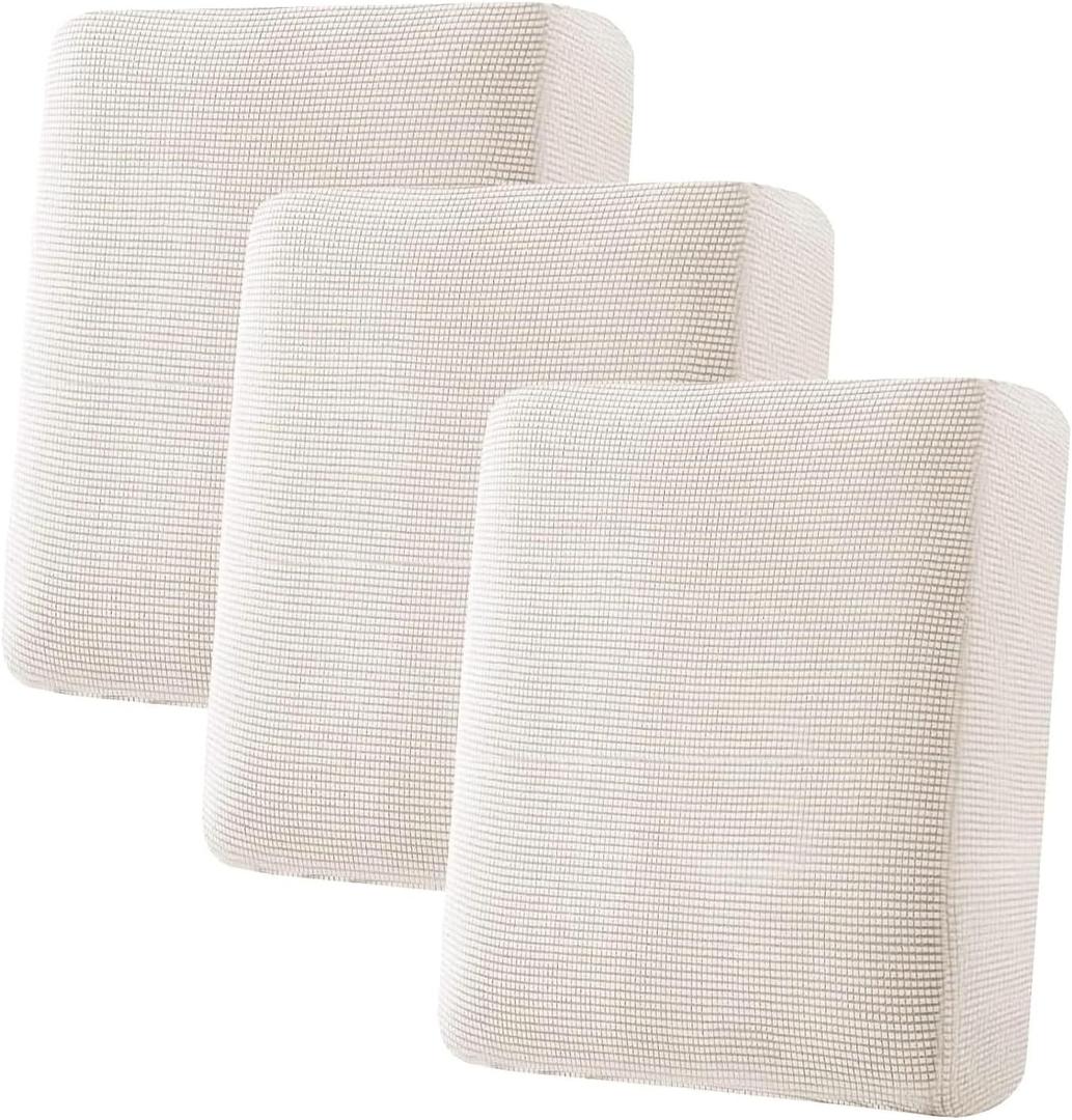 H.VERSAILTEX Super Stretch Individual Seat Cushion Covers - Sofa & Couch Cushion Slipcover Sets - Thick Jacquard Textured Twill Fabric (3 Piece, Ivory)