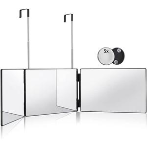 HIEEY 3 Way Mirror for Hair Cutting,360 Trifold Mirror with Height Adjustable Telescoping Hooks,and 5X Magnification,for Makeup, Hair Styling
