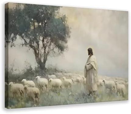 Jesus Standing With Sheep Under Tree Canvas Art | Framed or unframed canvas wall art of Jesus in a white robe standing with a flock of sheep under a large green tree