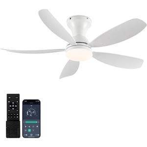 OURSTAR Ceiling Fans with Lights and Remote Control, Low Profile Ceiling Fan with Light LED Dimmable 18W and App Control, 38" White Ceiling Fan with Light, 6 Speed Reversible Blades, Timer 2 Hours
