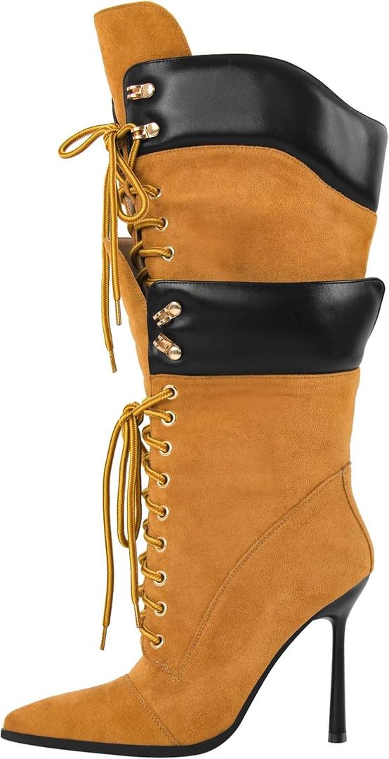 Richealnana Women's Double Lace Pointed Toe Stilettos Straps Up Strappy Knee High Boots (7, Yellow)