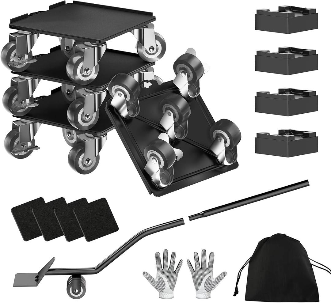 Kavlium Heavy Duty Furniture Dolly Set with 5 Wheels, Furniture Movers with Lifter Tool, Carbon Steel Moving Sliders for Sofa Refrigerator Cabinet, 360 Rotating Casters, Black, 5.3 Inch