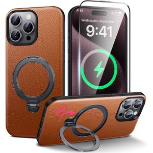 Leather Case for iPhone 15 Pro 6.1 inch, 360°Rotatable Magnetic Ring Stand, Built in Kickstand, for MagSafe, [Wireless Charging] Shockproof Phone Cases, Brown