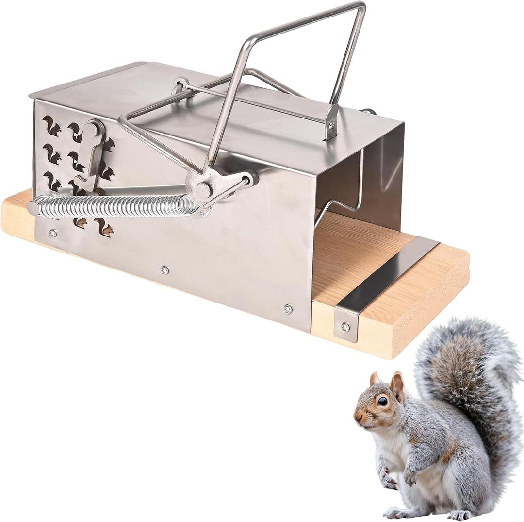 Outdoor Animal Trap Cage - Stainless Steel Frame + Cedar Wood Base, Mechanical Safety Design, Non-Toxic and Harmless, Suitable for Garden/Forest/FieldAnti-Touch Latch