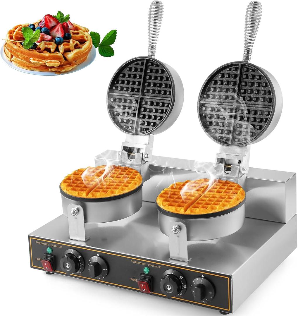 WICHEMI Commercial Double Waffle Maker 110V 2400W Professional Non-stick Round Waffle Iron for Bakery, Restaurant, Snack Bar or Household