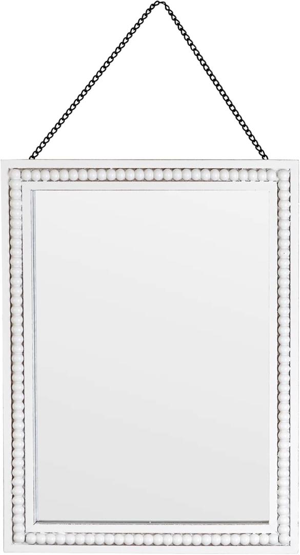 Wall Mounted Mirror with Wood Beaded Border, 11.8x15.7 Inches, Hanging Wood Beaded Framed Mirror for Bathroom, Living Room (White)