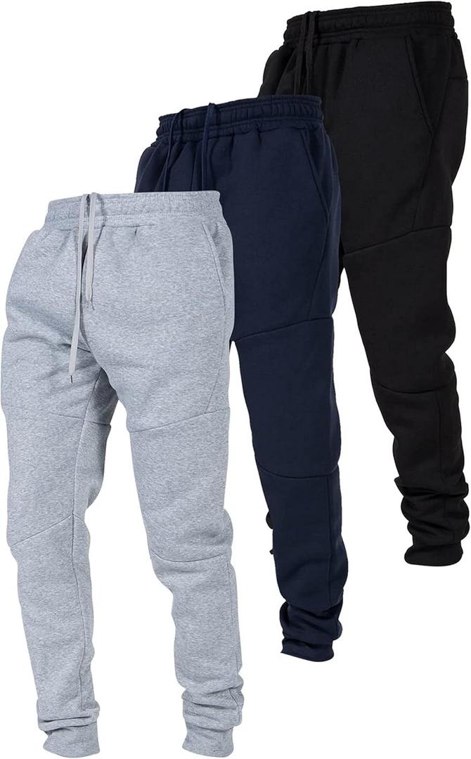 Ultra Performance 3 Pack Fleece Active Tech Joggers for Men, Mens Sweatpants with Zipper Pockets (Small, Heather Grey / Navy / Black)