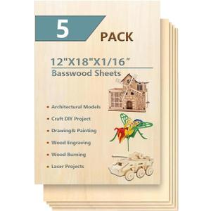 5 Pack 12"x18"x1/16 Basswood Sheets for Crafts- Thin Plywood Sheets - Balsa Wood Sheets -Unfinished Wood Boards for Painting,Laser Cutting,Engraving, Burning and CNC Cutting