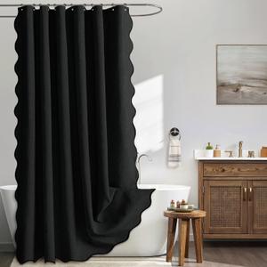 MIULEE Black Scalloped Shower Curtain Linen Textured with 12 Metal Hooks Cute Heavy Duty Washable Waterproof Thick Cloth Halloween Shower Curtains with Black Border for Bathroom Hotel Bathtub,W72*L72