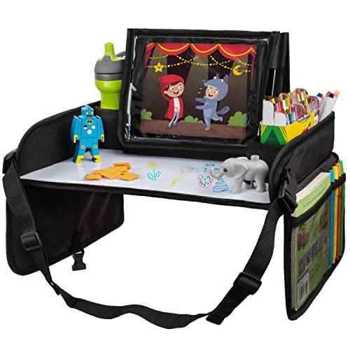 Lusso Gear Car Seat Tray - Dry-Erase Lap Desk for Kids Travel Activities - Snack & Cup Holder for Car Back Seat Organizer - Tablet Stand for Toddler Travel Essentials - Black