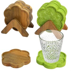 8-Piece Acacia Wood & Absorbent Felt Coaster Set with Stand, Decorative Flower Design - 4" Minimalist Drink Holders for Cold & Hot Drinks, Rustic Modern Decor for Bar & Office - Natural