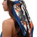 RIIQIICHY Head Scarf for Women Like Silk Scarf Hair Scarf Printed Square Scarf Bandanas for Women 35 Inches (Beige/Orange/Navy)