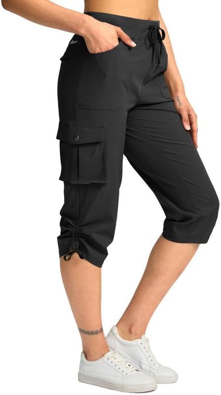 Pudolla Women's Cargo Capri Pants Lightweight Quick Dry Hiking Pants Summer Travel Casual Capris with 5 Pockets (Black Small)
