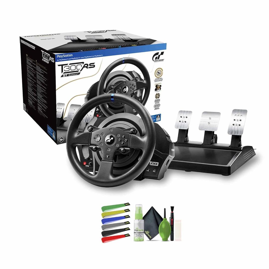 Thrustmaster T300RS Force Feedback GT Racing Wheel (compatible w/ PS5, PS5 Pro, PS4 & PC) Bundle With Gaming Headset + Cleaning Kit and More