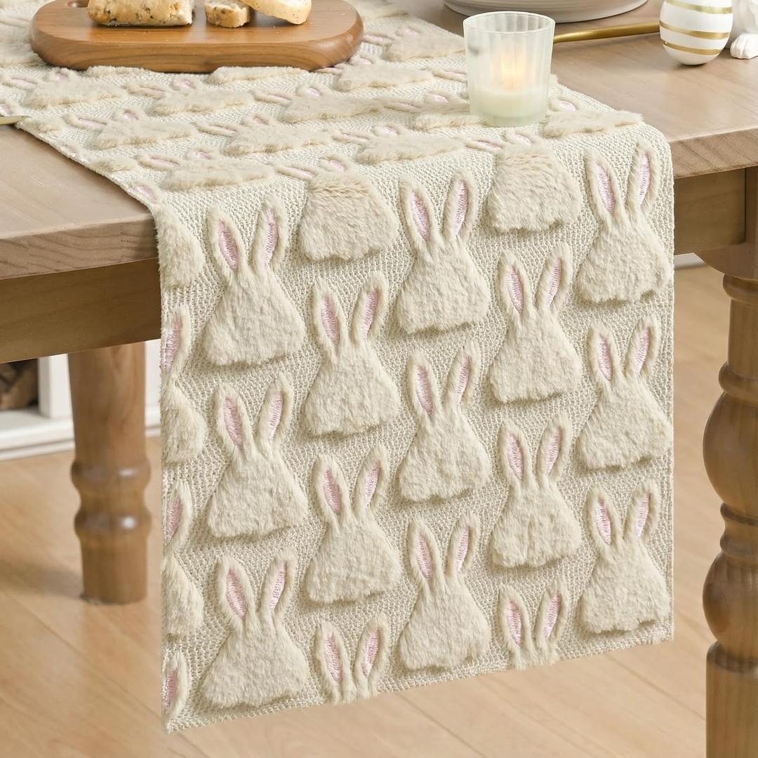 Artoid Mode Beige Soft Plush Faux Fur Jacquard Pink Ear Bunny Easter Table Runner, Spring Holiday Kitchen Dining Table Decoration for Home Party Decor 13x120 Inch