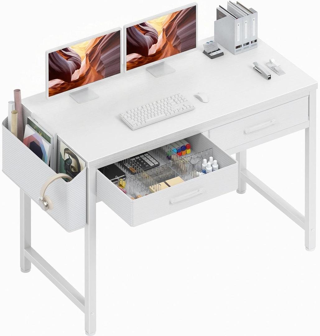 DLisiting White Desk with Storage Drawers - 39 Inch Small Computer Desk with Drawers for Bedroom Home Office, Study Writing Vanity Table Without Mirror for Girls Small Spaces, 39.4"