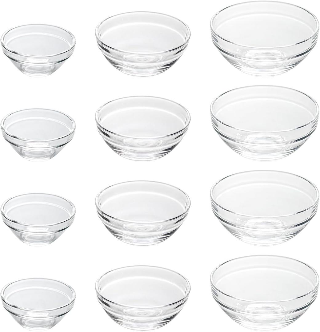 3 Sizes of Clear Glass Bowls, 2.5, 3.5 & 8.5 oz, Small Prep Bowls for Salt, Herbs, Spices and Dry Ingredients, Set of 12