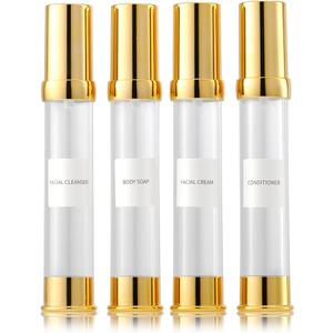 Gold airless bottle travel suit, with a box of refillable empty cosmetic vacuum bottles, used for hand sanitizer, toner, foundation make-up, hair oil, lotion, face cream (1oz/30ml, 4 packs)