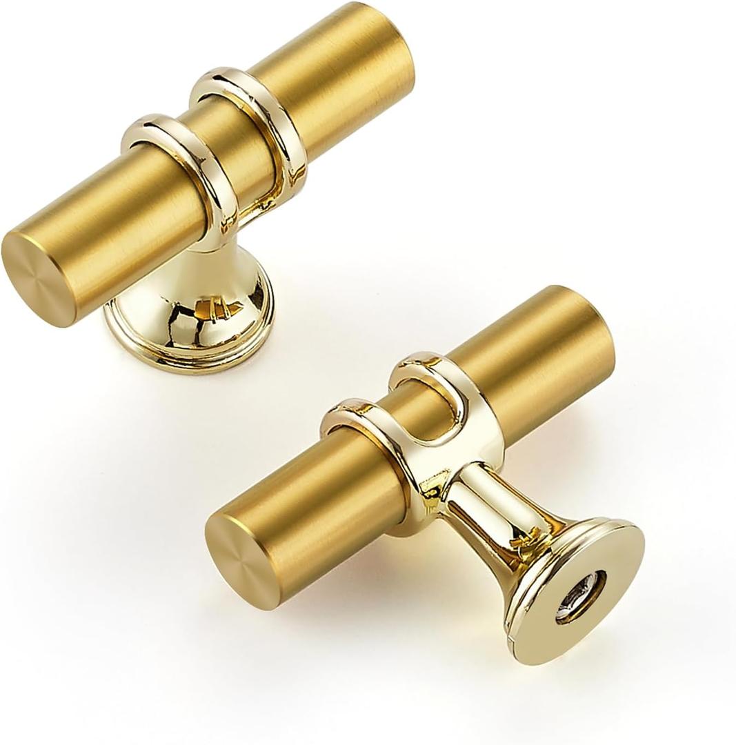 2 Pack Gold Cabinet Knobs 2 Inch - Brushed Brass Drawer Knobs Single Hole Gold 6T Bar Hardware Drawer Pulls for Kitchen Cabinets and Dressers