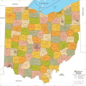 Ohio ZIP Code Map with Counties - Standard - 36" x 36" Laminated