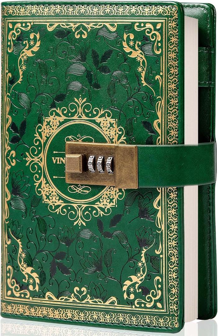 TIEFOSSI Vintage Leather Journal Notebook with Combination Lock, A5 Embossed Flower Secret Diary Ruled Lined Paper for Writing, Gift for Women Girls Children (Green)