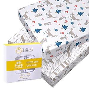 Mini Crib Sheet with Fox & Chevron Pattern - 100% Organic Cotton Pack n Play Fitted Sheet - Premium Pack n Play Sheets - Compatible as Graco Pack n Play Sheet & Mini Crib Sheets - Pickle & Pumpkin