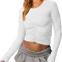 Vivitulip Women’s Long Sleeve Shirts Basic Fall Ruched Slim Fitted Crop Tops Tight Athletic Blouse with Thumb Holes M