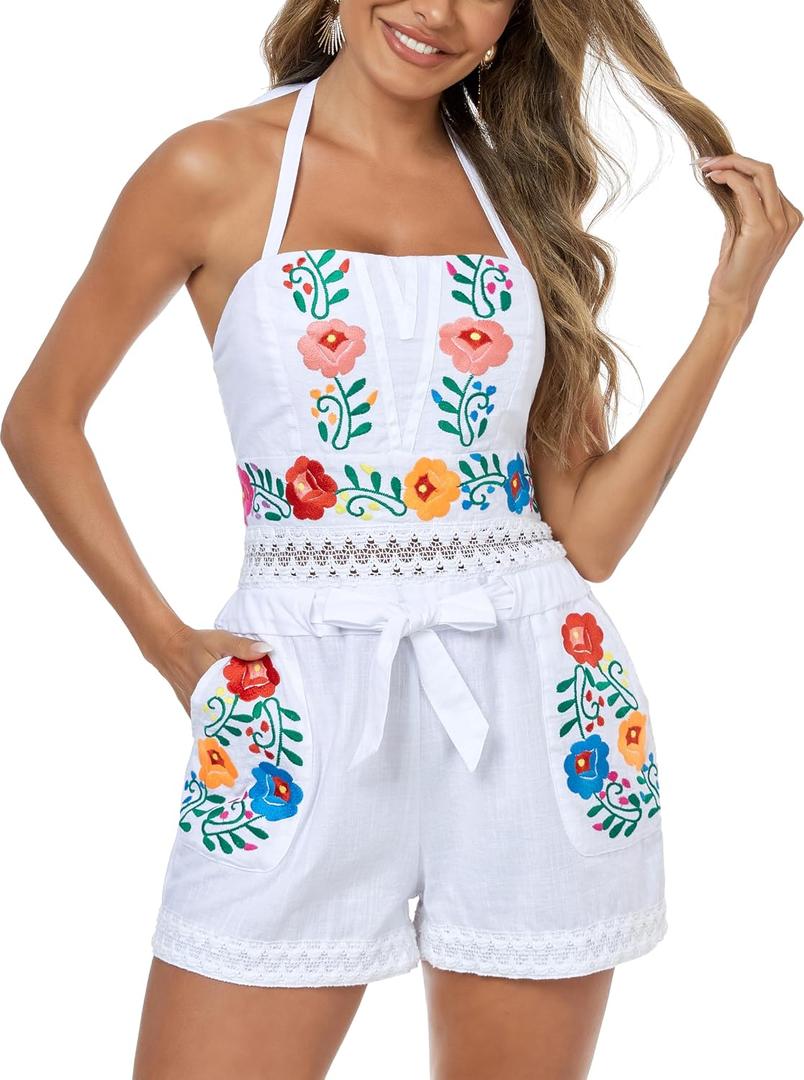Rompers for Women Summer Boho Embroidered Floral Sleeveless Halter Flowy Casual Tank Top Short Jumpsuit, Size: L