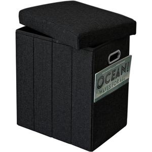 Tall Ottoman with Storage Collapsible Fabric Small Slim Folding Ottoman Furniture with Handles Lid for Room Footrest Foot Stool Linen Black 16.5x16.5x11.8in