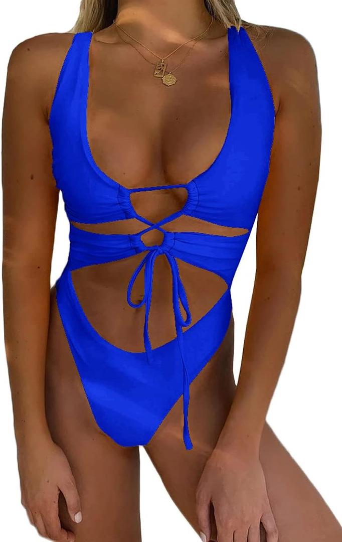 CHYRII Women's Sexy Cutout Lace Up Backless High Cut One Piece Swimsuit Monokini (Large, Royal Blue)