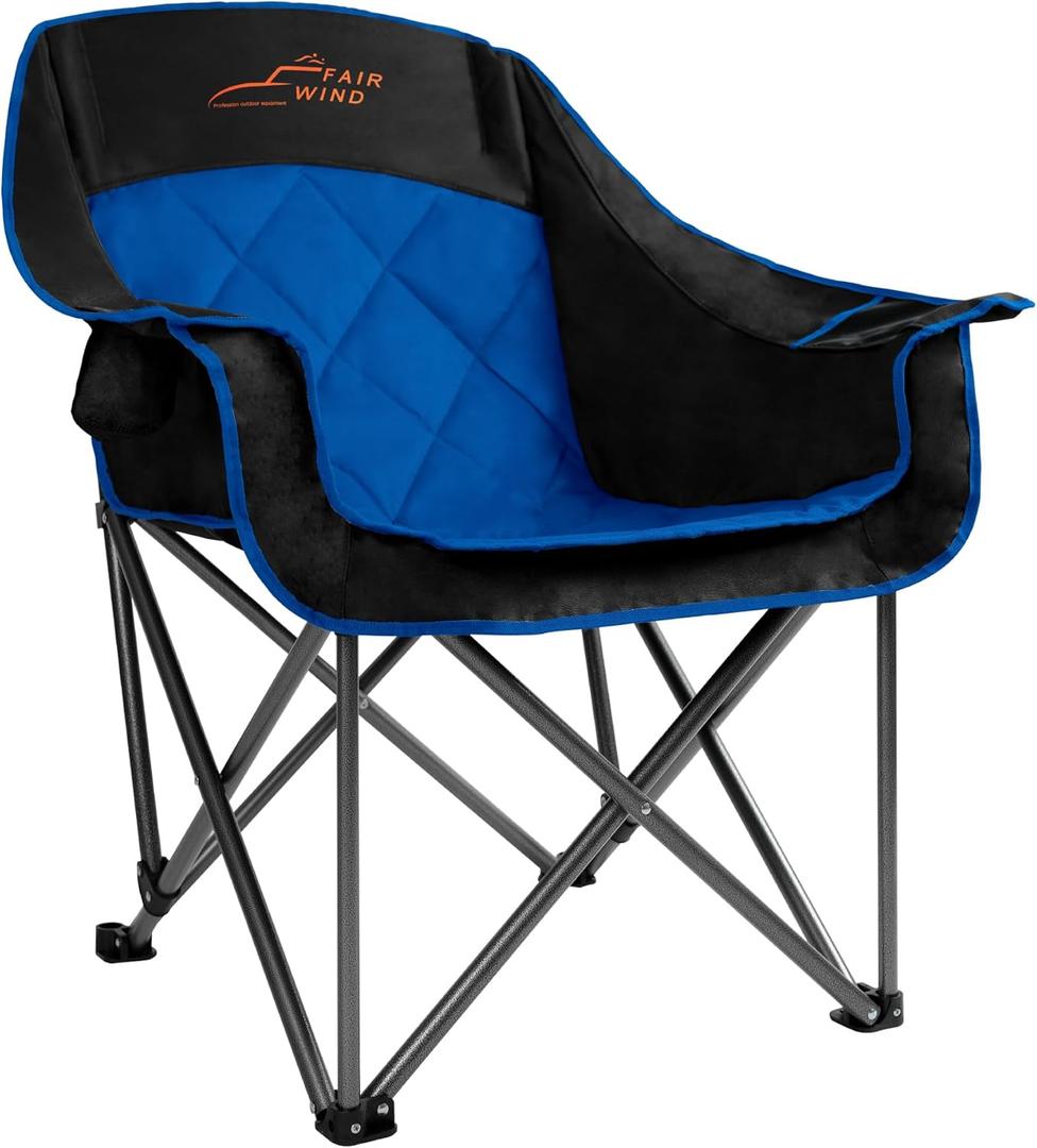 FAIR WIND Oversized Padded Camping Chair Heavy Duty Quad Fold Arm Chair Portable for Outdoor - Support 450LBS, Blue (Single Pack)