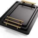 Bamboo Serving Tray with Metal Handles (Set of 3), Ottoman Decorative Trays Platter for Eating Breakfast, Working, Storing, and Party (Black)