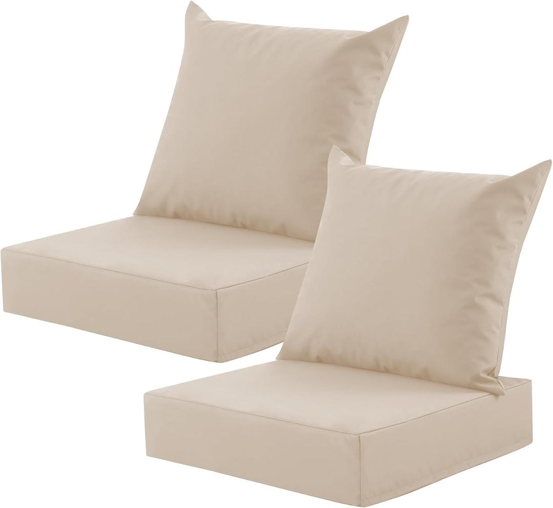 Outdoor Deep Seat Cushion Set, 24x24 Inch Water-Resistant & Fade-Resistant Outdoor Chair Cushions, Patio Furniture Cushions with Removable Cover for Patio Chair, Sofa, Beige (Set of 2), 24*24+5.75/25*22.5"