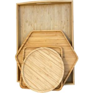 Bamboo Serving Trays Cutting Boards 16.5"x11.8"（42x30cm with Handle, Set Includes 0.63"(1.6cm) Thick Plates Hexagon 12.5"(32cm)+Square 7.8"(20cm)+Circle 7.8"(20cm) for Family Dinner Time