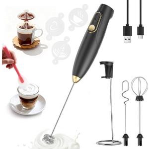Rechargeable Milk Frother Wand with Stand, Electric Handheld Coffee Frother with 3 Detachable Whisks, Travel Milk Foamer for Protein Powder, Drinks, Espumador de Leche Electrico Black