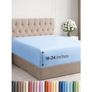 Extra Deep Cal King Fitted Sheet - Hotel Luxury Single Fitted Sheet Only - Easily Fits 18 inch to 24 inch Mattress - Ultra Soft, Wrinkle Free with Extra Deep Pockets - Breathable & Comfy - Light Blue