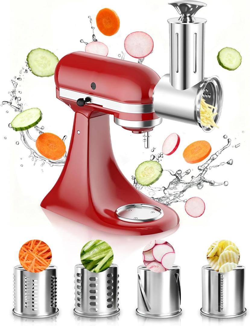 Latest Large Stainless Steel Slicer Shredder Attachment for KitchenAid Stand Mixers,Dishwasher Safe Vegetable Cheese Grater for KitchenAid Mixer Attachments,4 Cutting Blades,Time-Saving Salad Maker (Metal Silver)