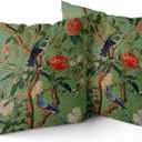 Green Chinoiserie Pillow Cover 18x18 Inch Vintage Bird Flower Throw Pillow Covers Farmhouse Floral Decorative Pillowcase Outdoor Cotton Square Cushion Cover for Couch Sofa Bedroom Decor (Pack of 2)