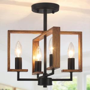 4-Light Farmhouse Ceiling Light, Semi Flush Mount Ceiling Light Fixture, Kitchen Island Lighting Rustic Wood Metal Geometric for Hallway Dining Room Entryway Laundry Bedroom