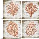 Orange Coral Canvas Set of 4 Ready to Hang Ocean Beach Wall Art for Bedroom Bathroom Framed Watercolor Prints Marine Plants Pictures Home Decoration Each Panel 16x16inch (Medium)