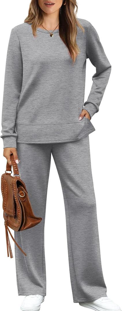 WIHOLL Women's 2 Piece Lounge Sets Sweatshirt Casual Travel Outfits Fashion Wide Leg Tracksuit Cozy Sweatsuits (Medium, Grey)