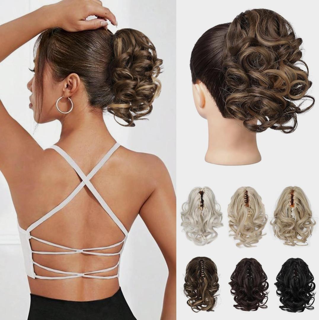 REECHO Ponytail Extension, 9" Claw Clip in Short Curly Wavy Pony Hair Extension Jaw Clip on Pony Tail HP001 Hairpiece for Women - Chestnut Brown with Golden Highlights