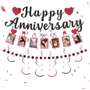 Happy Anniversary Party Decoration Set – Black Glitter Banner, Photo Banner, Black & Red Confetti Garland, 6 Hanging Swirl