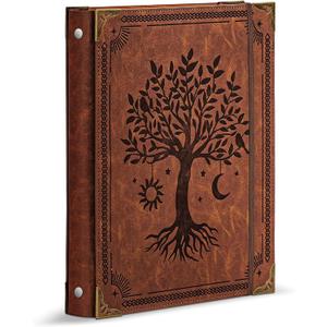 Ovesmusl Leather 3 Ring Binder Fits 8.5"x11" Letter Size Paper, 1 Inch Round Ring Binder Holds 200 Sheets, Notepad Paper Cover Loose Leaf Organizer, Brown Tree