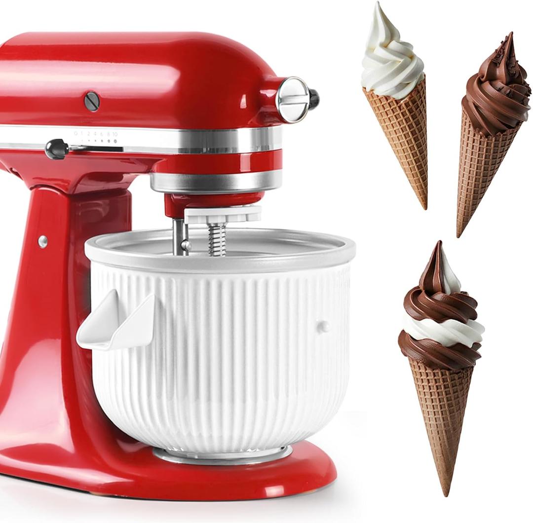 Ice Cream Maker Attachment for KitchenAid 4.5/5QT & 6QT Mixers, Frozen Ice Cream & Sorbet Gelato Maker for KitchenAid, 2 Quart, White, Not Dishwasher Safe