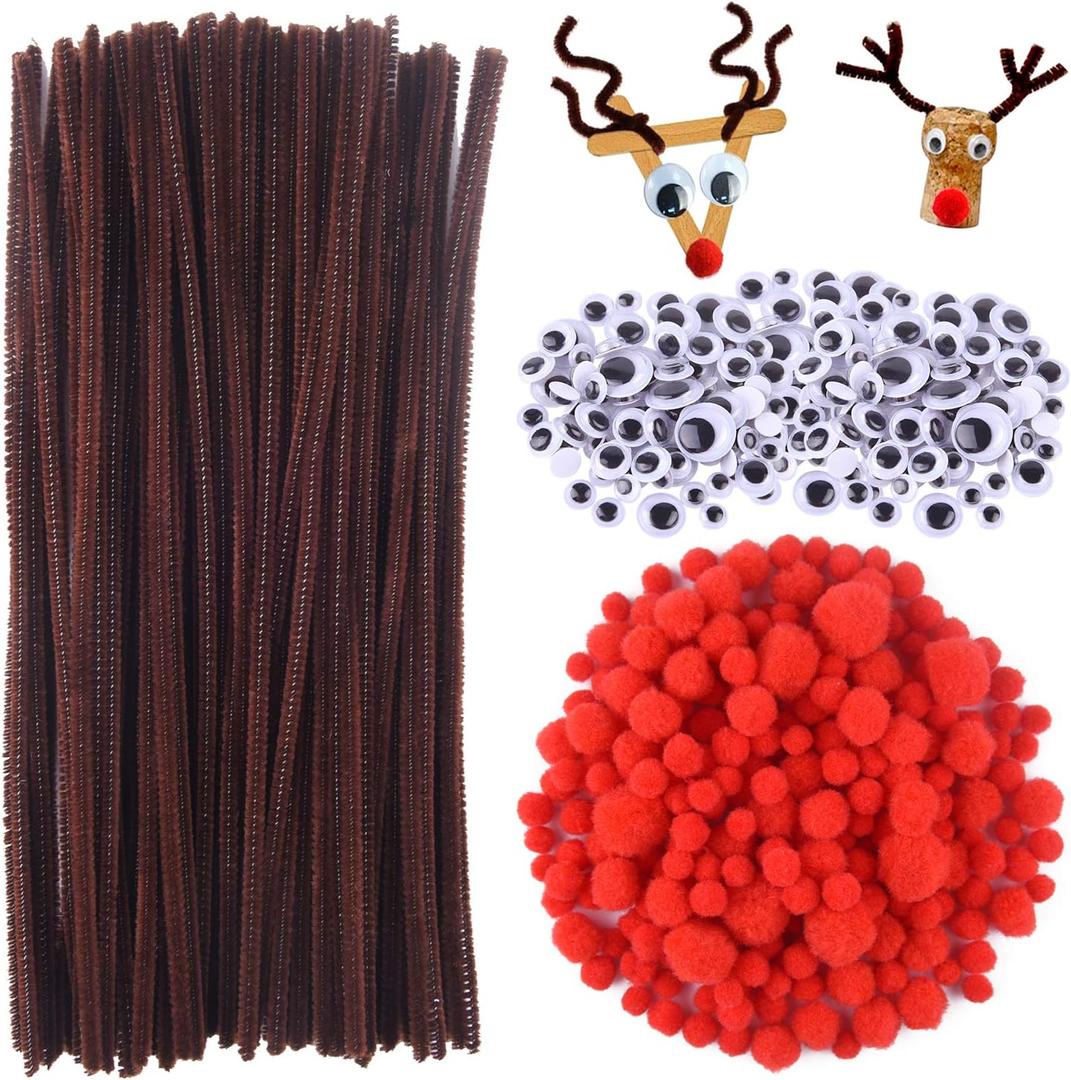 TUPARKA 650 Pcs Christmas Reindeer DIY Craft Set, Including 70 Pcs Brown Pipe Cleaners Chenille, 320 Pcs Googly Eyes, 260 Pcs Red Pom Poms Pompoms Red Noses for Craft