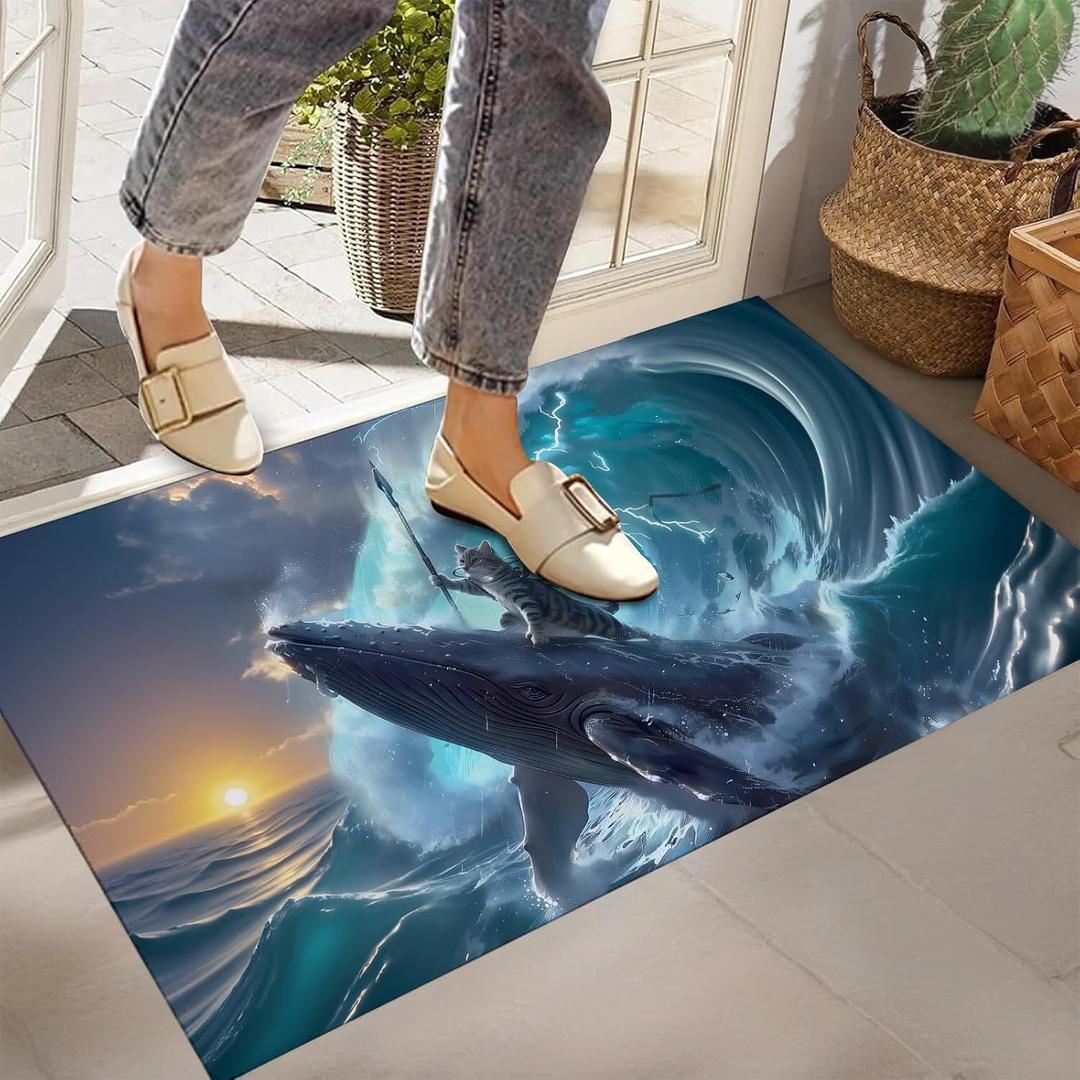 Zeleda Cat Riding Whale Indoor Door Mat, Non-Woven Fabric Door Mat, Anti-Slip Backing Welcome Mat for Front Door, Indoor Entrance, Kitchen, Bedroom, Living Room - Durable Floor Mat for Home Decor