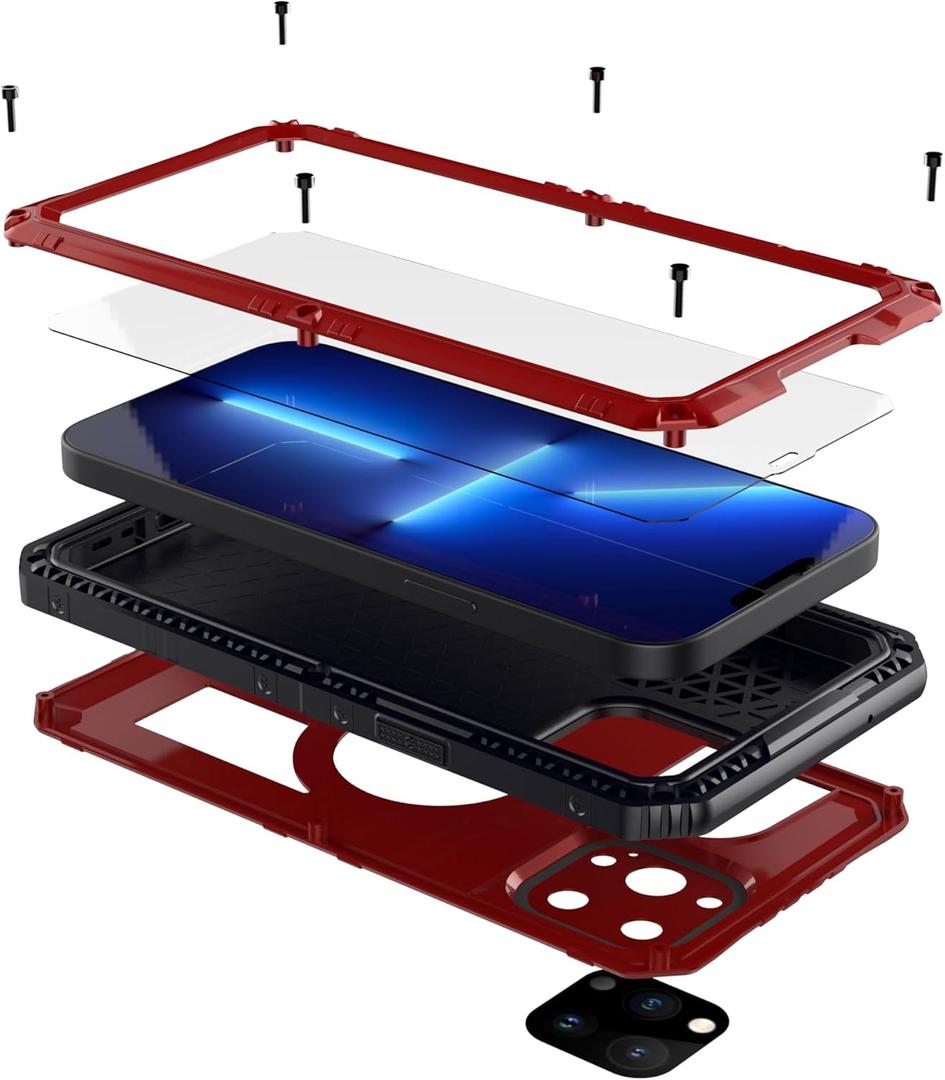 Heavy Duty Case for iPhone, Full Body Dustproof Dropproof Aluminum Alloy Case with Silicone Built-in Screen Protector (Red_Waterproof, for iPhone 11)